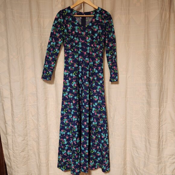 🌸 VTG 70s Handmade Floral Maxi Dress Navy Pink Blue Gown 💙 - Picture 2 of 8